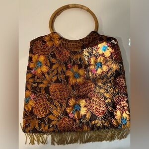Unbranded Brown Tropical Beaded Bamboo Handle Bag Lined Pocket Travel Vacation